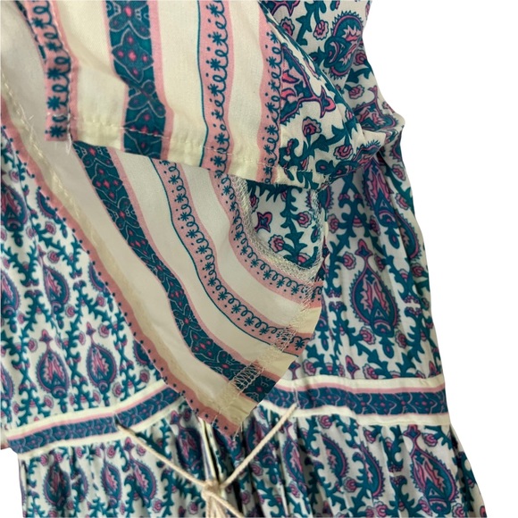 FP To Love Womens V Neck Button Up Midi Dress Medium Blue Pink Drawstring Waist - Picture 5 of 7